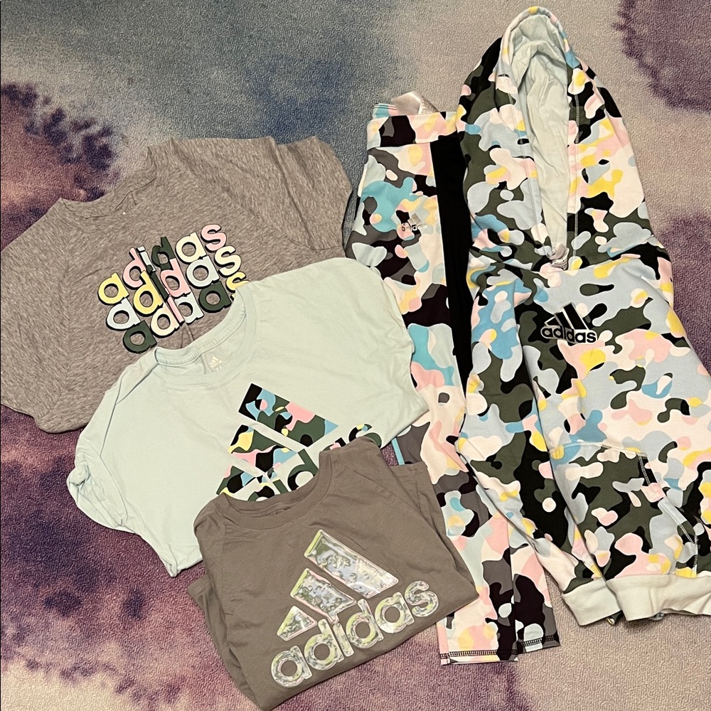 Adidas Multicolor Camo Hoodie and Graphic Tees and 1 pair of leggings.